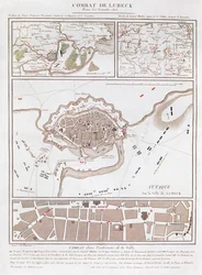 Kaart van de strijd bij de Slag om Lubeck, met posities van de Franse, Pruisische, Zweedse en Deense legers