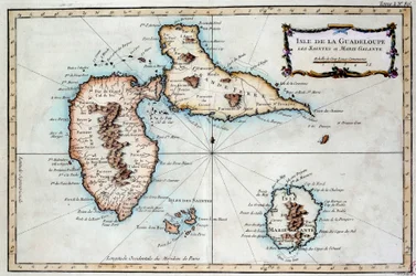 Kaart van het eiland Martinique, het eiland Saintes en het eiland Marie Galante in de West-Indië. Gravure uit de 19e eeuw. Chartres, Musée des Beaux Arts