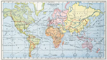 Kaart met de voornaamste mondiale handelsroutes over zee, 1912