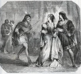 Marguerite de Baviere, Hertogin van Bourgondië (1363-1423) en Koningin Isabeau (Isabelle, Elisabeth) van Beieren (1371-1435) scheiden Lodewijk I van Valois, Hertog van Orléans (1372-1407) en Jan zonder Vrees, Hertog van Bourgondië (1371-1419), die vechten 