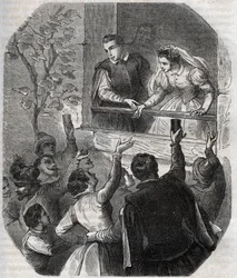 Huwelijk van Martin Guerre (circa 1524) en Bertrande de Rols in Artigat (Ariege) op 15 mei 1539. Gravure uit 1871 in 