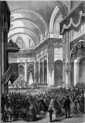 Mis van Allerheiligen gevierd in de kerk van Saint Nicolas du Chardonnet in Parijs, versierd als Sint-Pieter van Rome voor de heiligverklaring van de martelaren van Japan. 1862. Gravure in 