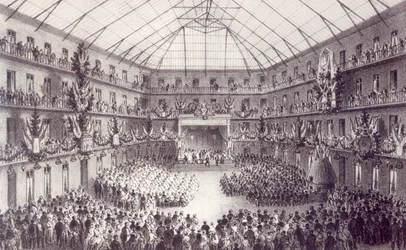 Meidag in de Familisterie van Guise, uit Solutions Sociales door Jean-Baptiste Andre Godin, Parijs, 1871