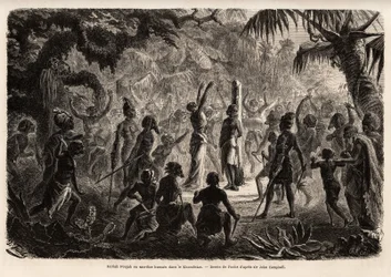 Meriah Pujah of mensenoffer, Khondistan (Engelse Indië). Tekening door Fuchs, ter illustratie van Major John Campbell