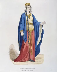 Merovingische koningin, van 5e tot 8e eeuw, uit Costumes civils et militaires des francais a travers les siecles