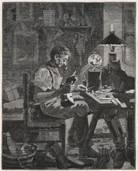 Moderne toepassing door een schoenmaker van de Pila Vitrea. Glazen bol gevuld met water om tussen een persoon en het object dat ze bekijken te plaatsen om het te vergroten en beter zichtbaar te maken. Gravure uit 1885 in 