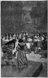Molière en zijn gezelschap spelen voor koning Lodewijk XIV en kardinaal Jules Mazarin (1602-1661). Gravure in 