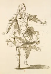 Monsieur Jeliotte als Pigmalion, in Pigmalion, een libretto door Lamotte, gecomponeerd door Jean-Philippe Rameau, 1748 (kleurgravure)