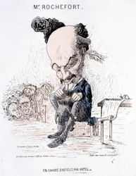 Monsieur Rochefort op zoek naar artikelen door Untel. Karikatuur over Rochefort en de Commune