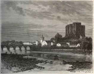 Montrond-les-Bains, departement van de Loire in de Rhone-Alpes regio - gravure in 