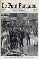 Feestelijkheden in Moskou: Tsaar Nicolaas II van Rusland (1868-1918) en Tsarina Alexandra Fjodorovna Romanova (1872-1918) op het bal van de Franse ambassade, in "Le petit Parisien"