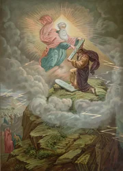 Mozes ontvangt van God de tafelen der Wet op de berg Sinaï
