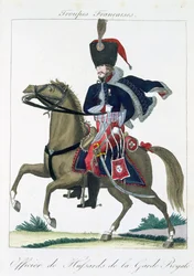 Bereden officier van de Huzaren van de Koninklijke Wacht, uit Troupes Francaises, uitgegeven bij Basset, Parijs