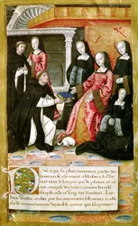 Ms.17 fol.1 De auteur biedt zijn boek aan aan Anne van Bretagne (1477-1514) uit Vie des Femmes Celebres, ca. 1505