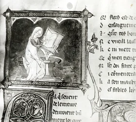 Marie de France (fl.12e eeuw) schrijvend, uit een Anthologie van Franse Gedichten, ca.1280-90 (detail)