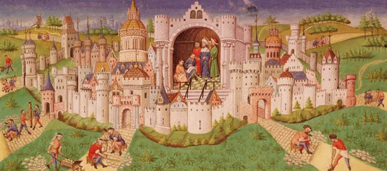 Ms. 0242 f.48v Uitzicht op een stad met arbeiders die wegen plaveien die naar de stadspoorten leiden terwijl de koning in een kamer staat en dicteert aan twee schrijvers