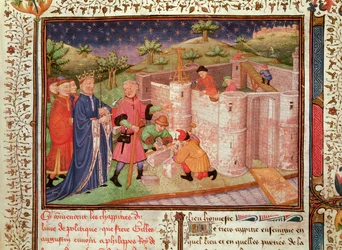 Ms 1015 fol.1 Bouw van een kasteel, uit Gouvernement des Rois et des Princes