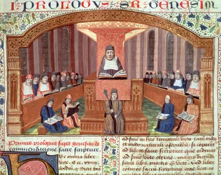 Een Les in Theologie aan de Sorbonne, uit Postilles sur le Pentateuch, illustratie bij tekst geschreven door Nicolas de Lyre
