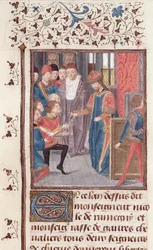 Ms 149 t.3 fol.95v Benoeming van twee ridders, uit de Histoire des Nobles Princes de Hainaut, door Jacques de Guise