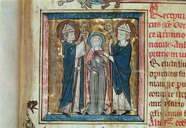 Ms. 16261, fol. 1, intronisatie van de heilige Genoveva, uit het grondregister van de Abdij van Sainte-Geneviève