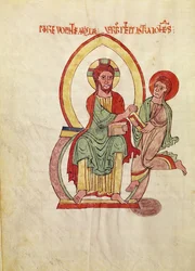 Ms. 1 Fol 111v Sint Jan rent om het Evangelie van Christus te ontvangen, zittend in een mandorla, miniatuur uit het Evangelie van Saint-Michel-de-Cuxa, c.1070-1130