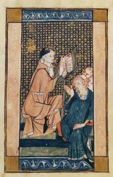 Henri de Mondeville (ca.1260-ca.1320) die lesgeeft, uit La Chirurgie de Maitre Henri de Mondeville