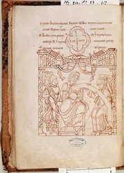 Ms 210 fol.23v De Donatie van Gonnor, Hertogin van Normandië, aan het klooster van Mont Saint-Michel, uit het Cartulaire de Mont-Saint-Michel, 1150s