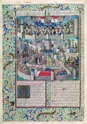 Ms 246 fol.3v Ondeugden en Deugden op aarde, uit De Civitate Dei van St. Augustinus van Hippo (354-430)