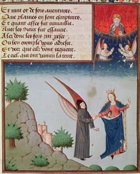Ms 3045 fol.94r Dame Filosofie leidt Boëthius in de vlucht naar de hemel op de vleugels die zij hem heeft gegeven; God de Vader kijkt zegenend toe