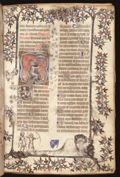 Ms 306 f.27r Koning David zittend slaat een beiaard van vijf klokken, uit een Brevier, Gebruik van Parijs, 1400