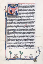 Ms 3458, gehistorieerde initiaal O die de oude Griekse filosoof Aristoteles afbeeldt, die een groep geestelijken uit West-Europa onderwijst en naar God in de hemel wijst