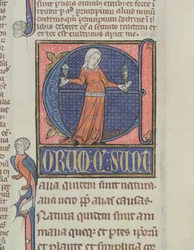 Historiated initiaal E met een voorstelling van de Natuur, uit de Physics door Aristoteles (384-322 v.Chr.)