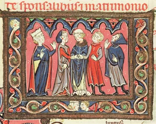 Ms 364 fol.166 Een huwelijk, illustratie uit de commentaren van Johannes Andreae op pauselijke decreten