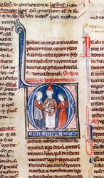 Ms 365 fol.318v Geïllustreerde initiaal D die een huwelijk uitbeeldt, uit de Decretalen van Gregorius IX