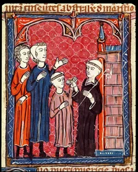 Ms 372 f.53r Een kind naar een klooster gebracht door zijn ouders, uit Decrets de Gratien