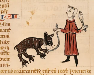 Ms. 372, fol. 241v: Een berenleider, uit het Decretum Gratiani