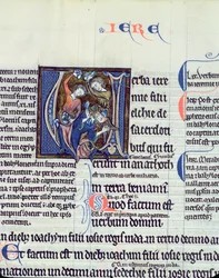 Ms 48 fol.95v Geïllustreerde initiaal V die de steniging van de profeet Jeremia afbeeldt