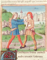 Een uitwisseling van geschenken, uit De Eclogues van Vergilius met een commentaar van Servius, 1469
