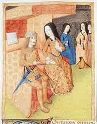 Ms 493 f.74v Aeneas en Dido, uit de werken van Virgil, 1469