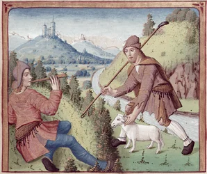 Ms 498 f.3v Tityrus ontmoet Meliboeus, uit De Eclogues door Virgil met een commentaar door Servius, 1469