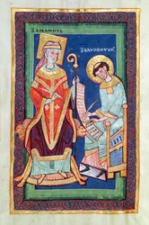 St. Amand geeft een rol terug aan St. Baudemond, uit het Leven en de Wonderen van St. Amand door St. Baudemond (c.1150-c.1199)
