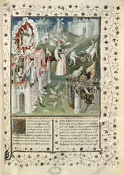 Ms 55 t.2 fol.3 De Stad van God, de Stad van Caen en de Stad van Ondeugden, uit La Cite de Dieu van St. Augustinus van Hippo (354-430) vertaald door Raoul de Preles (1316-82)