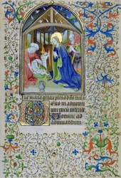 De Maagd en Jozef aanbidden de pasgeboren Christus, uit een Getijdenboek, Amiens