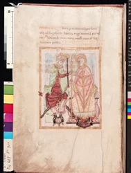 Ms 698 f.7v Dagobert I (609-39), koning van de Franken benoemt Sint Audomarus Omer (gest. ca. 669) bisschop van Thérouanne, als missionarisbisschop in de Pas-de-Calais in 637, uit het Leven van Sint Omer