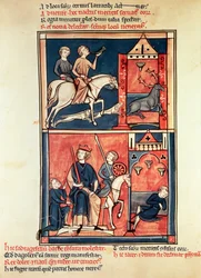 Een hertenjacht en een koning, mogelijk Dagobert I (632-39) op zijn troon, uit het Leven en Wonderen van St. Denis