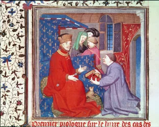 Jean (1340-1416) Hertog van Berry ontvangt een manuscript van Boccaccio, uit Cas des Nobles Hommes et Femmes door Giovanni Bocaccio (1313-75)