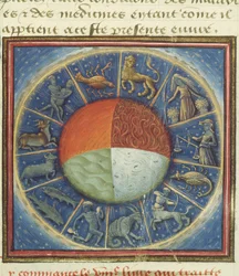 Ms Fr 135 Fol.285 De vier elementen van de aarde met de twaalf tekens van de dierenriem, uit Des Proprietez des Choses door Barthelemy l