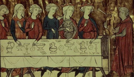 Ms Fr. 1633 f.4 Het verjaardagsfeest van Nubien, koning van Armenië, uit Le Conte de Meliacin door Girardin d