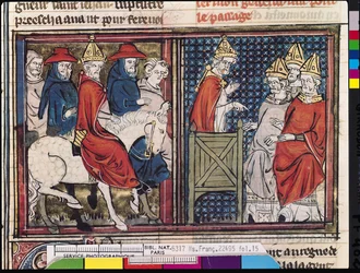 Ms Fr 22495 Fol.15 Het Concilie van Clermont en de aankomst van paus Urbanus II (ca.1035-99) in Frankrijk, uit Le Roman de Godefroi de Bouillon, 1337