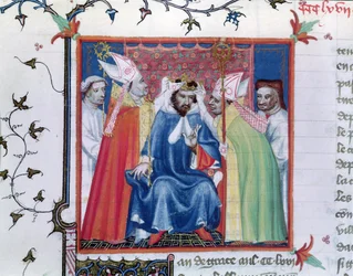 Ms. Fr. 2608, fol. 335v: Kroning van Filips III (1245-85), uit de Grandes Chroniques de France, ca. 1400